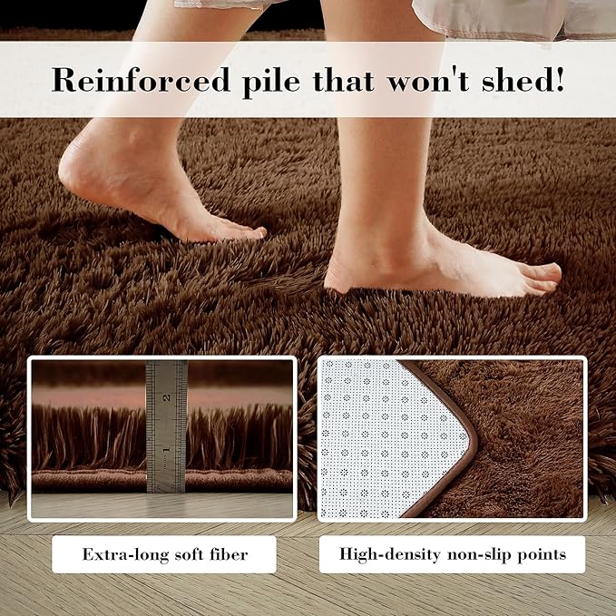 Fluffy Rug Shag Area Rug, Brown 3x5 Area Rugs for Bedroom, Small Bedside Rug, Soft Fluffy Shag Entryway Throw Rugs for Living Room Bedroom Kids Room Home Decor
