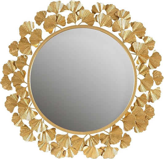 Martha Stewart Wall Décor Large Gingko Leaf Round Wall Mirror for Living Room, Iron Metal Plate Frame Antique Finish, Ready to Hang Bedroom Decoration, Eden, 30.5", Gold