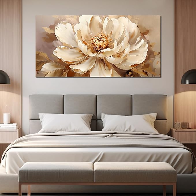 Large Flower Canvas Wall Art for Bedroom Women,White Floral Wall Decor for Living Room 29 x 59 Inch