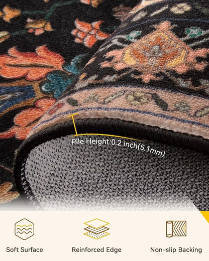 RELEANY Area Rugs 2'x8' Runner Rug Non Slip Washable for Kitchen Hallway Bedroom Beside Laundry Room Bathroom Rug, Floor Carpet, Black Colorful Floral Dark Tan