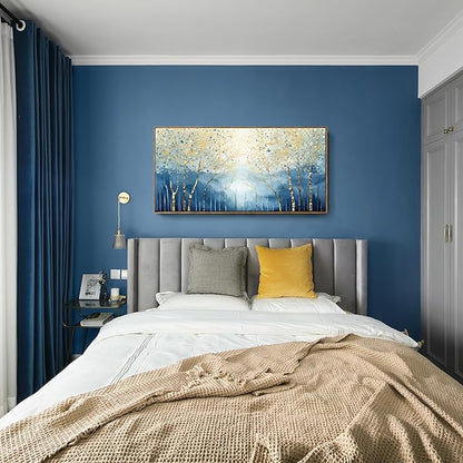 Large Framed Modern Living Room Canvas Wall Art, Abstract Plant Landscape Print Picture, Blue And Yellow Birch Forest Art Decor For Bedrooms, Dining Rooms, Balconies, Entryways, And Offices. 48X24 Inches.