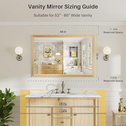 48x32 Inch Bathroom Mirror for Wall, Anti-Rust Oak Wood Grain Metal Framed Bathroom Mirrors for Over Sink,Rectangler Mirrors for Bathroom Vanity, Farmhouse, Bedroom, Living Room, Entryway Decor