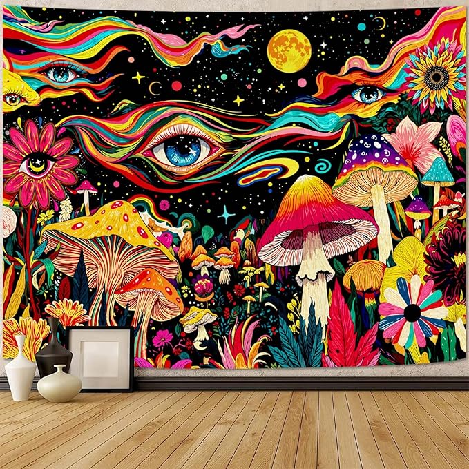 Leeisysme Colorful Hippie Abstract Tapestry, Fantasy Aesthetic Eye Mushroom Floral Wall Hanging for Bedroom Dorm Living Room Decor, 36x48 inches