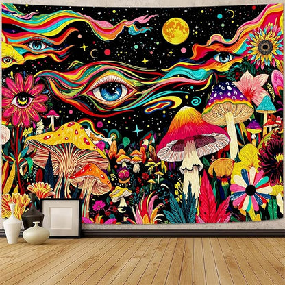 Leeisysme Colorful Hippie Abstract Tapestry, Fantasy Aesthetic Eye Mushroom Floral Wall Hanging for Bedroom Dorm Living Room Decor, 36x48 inches