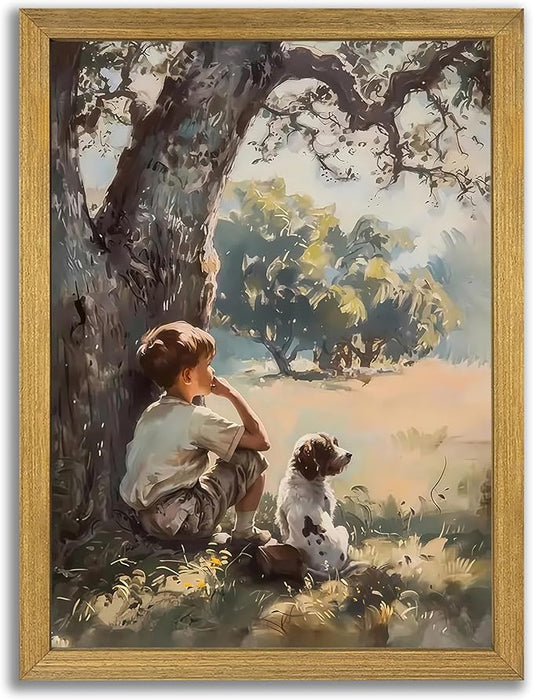 Wood Framed Canvas Wall Art, Vintage Boy and Dog Painting Poster, Countryside Pastoral Landscape Print Picture, Rustic Farmhouse Wall Decor for Living Room Bedroom Nursery 8x10 inch