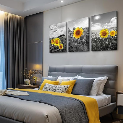 Large Size Canvas Wall Art For Living Room Family Bedroom Wall Painting Decoration,Bathroom Wall Decor Kitchen Home Decoration Black And White Sunflower Flowerswall Pictures Artwork,20x28 3 Piece