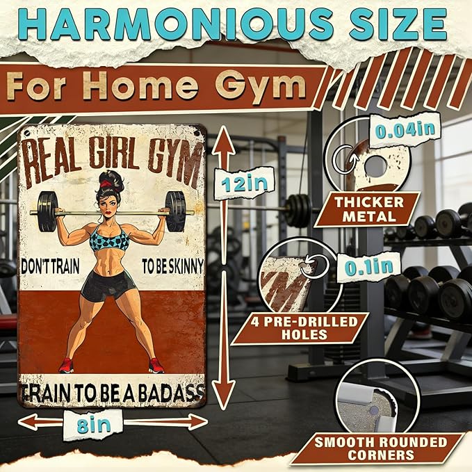 Gym Decor For Women Motivational Metal Gym Signs Real Girl Dont Train To Be Skinny Train To Be A Badass Vintage Badass Home Workout Room Wall Art Retro Fitness Sign 8x12 Inch