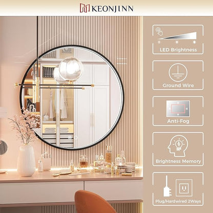Keonjinn 28 Inch Round LED Bathroom Mirror, 3 Color Temperature Lights 3000K/4500K/6000K, Black Metal Framed Front Lighted Round Vanity Mirror Dimmable, Circle Makeup Mirror Anti-Fog UL Listed CRI≥90