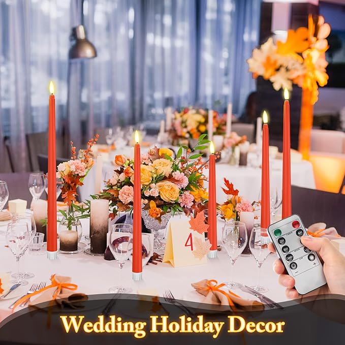 Rossesay 28 Pcs Flameless Taper Candles with Timer Remote 4 Sizes of 8.5", 9.6", 10.83", 12.8" LED Flickering Taper Candles Battery Operated for Valentine's Day Church Wedding Home Decor(Orange)