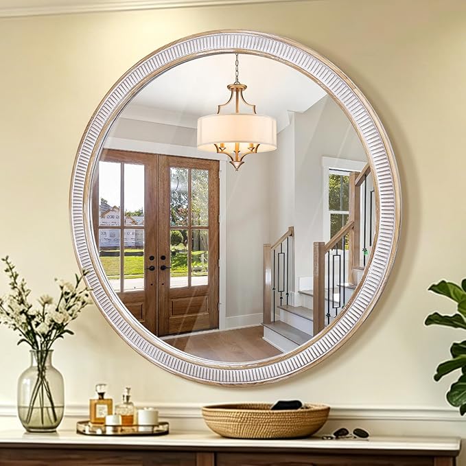 HOITUZYUS 36 Inch Round Wood Mirrors for Wall Decor, Rustic Farmhouse Circle Decorative Mirror for Bathroom, Living Room, Foyer, Entryway, Bedroom