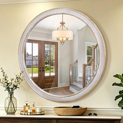 HOITUZYUS 36 Inch Round Wood Mirrors for Wall Decor, Rustic Farmhouse Circle Decorative Mirror for Bathroom, Living Room, Foyer, Entryway, Bedroom