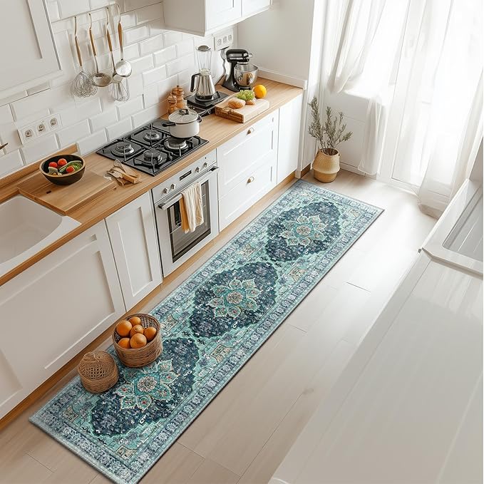 BESTSWEETIE 2x8 Area Rug Washable Rugs for Living Room, No Pile Boho Carpet for Entryway Bedroom Dinning Room, Vintage Carpet Print Distressed Non-Slip, 2 x 8 ft, Teal Dark Green