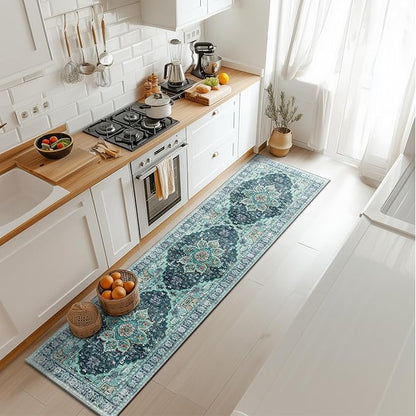 BESTSWEETIE 2x8 Area Rug Washable Rugs for Living Room, No Pile Boho Carpet for Entryway Bedroom Dinning Room, Vintage Carpet Print Distressed Non-Slip, 2 x 8 ft, Teal Dark Green