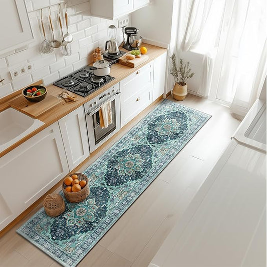 BESTSWEETIE 2x8 Area Rug Washable Rugs for Living Room, No Pile Boho Carpet for Entryway Bedroom Dinning Room, Vintage Carpet Print Distressed Non-Slip, 2 x 8 ft, Teal Dark Green