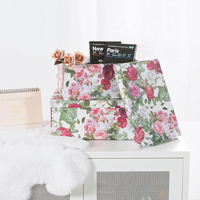 Soul & Lane Decorative Cardboard Storage Boxes with Lids for Home Decor and Organization, Set of 3 Large Keepsake Boxes for Memories & Gifts, Nesting Floral Photo Storage Containers, Rose Romance