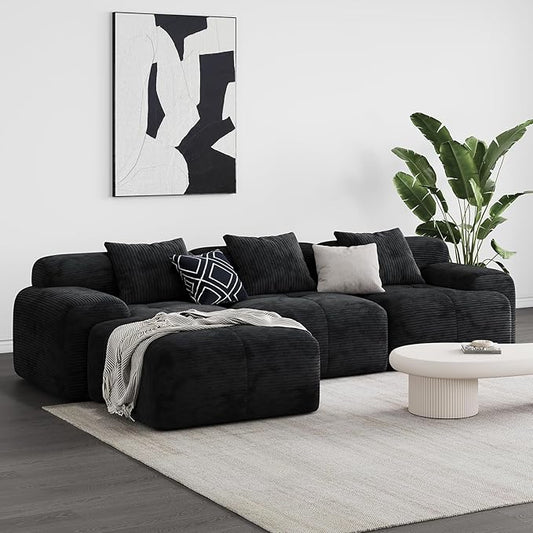 Modern L-Shaped Modular Sectional Sofa for Living Room，Oversized 3-Seater Couch with Deep Seat and Movable Ottoman – No Assembly,Comfortable Suede Fabric Boneless Sofa (Black)