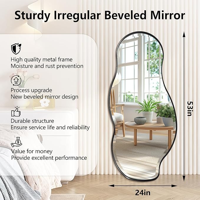POZINO Irregular Beveled Mirror, 53"x24" Premium Bathroom Vanity Mirror with Metal Frame, Large Asymmetrical Organic Wall Mirrors for Living Room Bedroom Hallway Entryway, Horizontal/Vertical Hanging