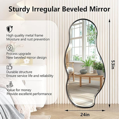 POZINO Irregular Beveled Mirror, 53"x24" Premium Bathroom Vanity Mirror with Metal Frame, Large Asymmetrical Organic Wall Mirrors for Living Room Bedroom Hallway Entryway, Horizontal/Vertical Hanging