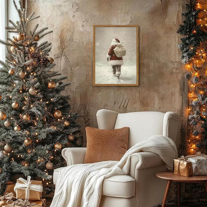Framed Vintage Christmas Canvas Wall Art, Rustic Santa Claus Walking Snowy Wall Decor Paintings, Winter Holiday Aesthetics Pictures Print Christmas Home Decor for Living Room Bedroom 12×16 inch