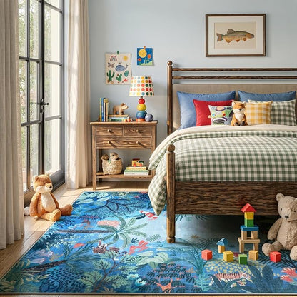 LIVEBOX Jungle Animal Print Dining Room Rugs for Under Table, Soft Modern Rug for Living Room, Washable Kids Rugs for Boy Bedroom, Non-Skid Blue Kids Carpet Playmat Rug for Play