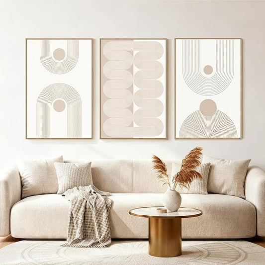 SAFERRYHOME Large Boho Abstract Wall Art Set of 3, Mid Century Neutral Framed Canvas Print Beige Modern Wall Decor, Geometric Line Artwork for Living Room Bedroom Office,Ready to Hang, 24"x36"