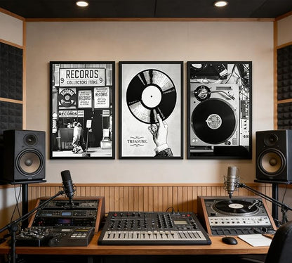 3Pcs Retro Music Poster Wall Art Fashion Black And White Photography Preppy Vinyl Record Store Painting Picture Wall Decor Bar Rock Music Lovers Print Artwork for Recording Studio Club Home Decoration