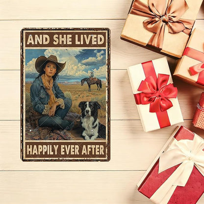Cowgirl Metal Tin Signs and She Lived Happily Ever After Decorative Poster Wall Art Decoration for Home Bar Club Coffee shop 16x12 Inch