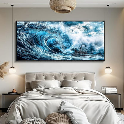 ERQINHUA Wall Art For Living Room Wall Decor For Bedroom Ocean Inspiration Pictures Blue Wave Canvas Printing Wall Paintings Office Mural Posters Modern Home Decor Aesthetics 32x72 In Black Framed
