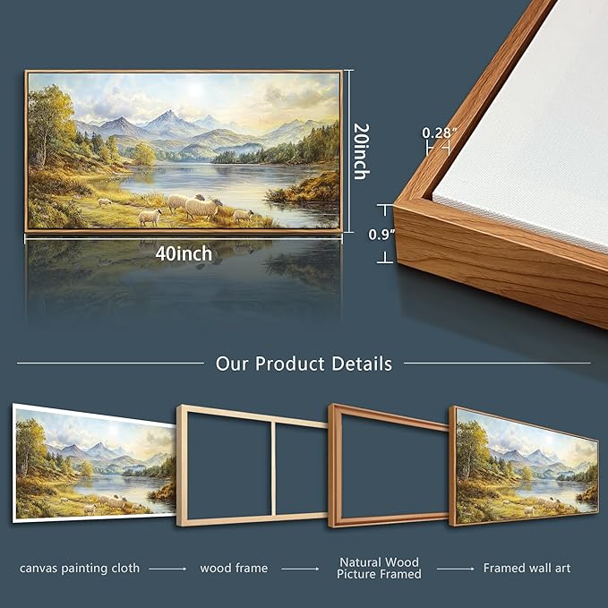 Wapluam Framed Wall Art,Landscape Wall Art,Large Wall Art For Living Room,Modern Farmhouse Decor,Retro Rustic Nature Canvas Paintings Prints For Bedroom Kitchen Office Fireplace Decorations, 20x40 In