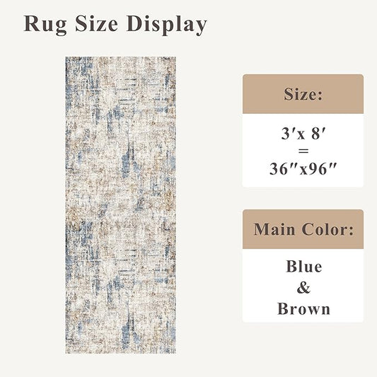 3x8 Washable Non-Slip Runner Rug – Modern Abstract Neutral Wide Carpet Runner for Kitchen, Hallway, Entryway, Bathroom, Bedroom – Low-Pile Thin Floor Mat with Rubber Backing (Blue Brown)
