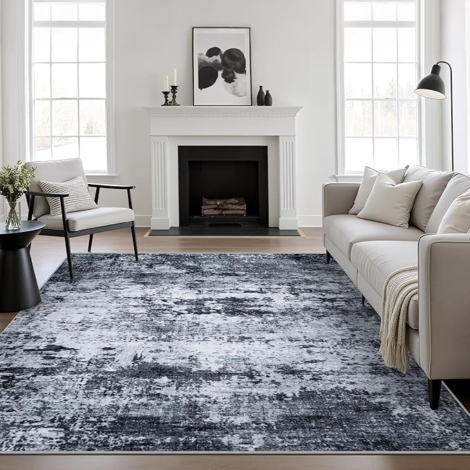 5x5 Area Rug Living Room Rug: Washable Modern Abstract Soft Thin Rug Indoor Floor No Slip Stain Resistant Carpet for Bedroom Dining Room Farmhouse Nursery Home Office - Black