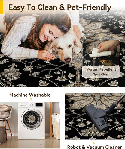 RELEANY Area Rugs Round 7ft Washable Non-Slip, Floral Vintage Distress Print Pattern Medallion Carpet for Living Room Bedroom Dining Room, Black Brown Neutral Dark Tan