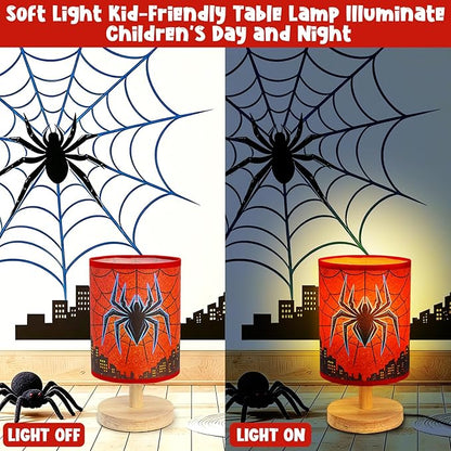 Spider Table Lamp for Boys - Spider Night Light & Bedroom Bedside Lamp with Linen Lampshade and Wooden Stand, Cartoon Nursery Lamp for Desk, Home Decor