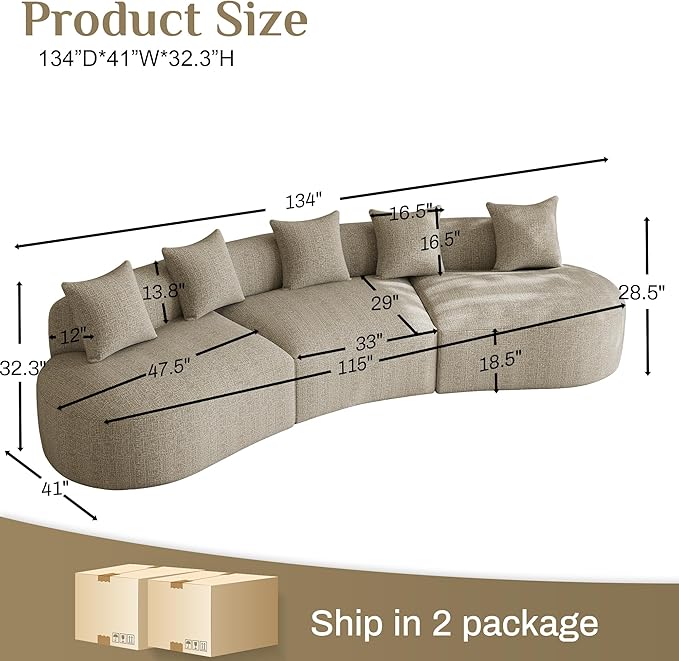 134" Oversized Sectional Sofa for Living Room, Modern Luxury Plush Chenille 4-Seater Extra Deep & Wide Seat Curved Cloud Couch with 5 Throw Pillows, No Assembly Needed, Light Brown
