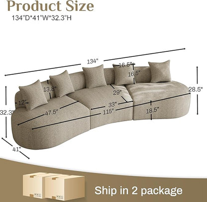 134" Oversized Sectional Sofa for Living Room, Modern Luxury Plush Chenille 4-Seater Extra Deep & Wide Seat Curved Cloud Couch with 5 Throw Pillows, No Assembly Needed, Light Brown