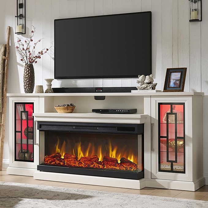 75 Inch Electric Fireplace TV Stand, 3- Side Glass LED Modern Media Entertainment Center Console Table for TVs up to 80/85 Inch w/Adjustable Flame, 40’’ Fireplace, Highboy, Antique White
