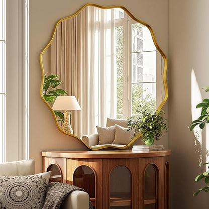 Round Wavy Mirror 42 Inch Bathroom Vanity Mirror Metal Frame Circle Wall Mounted Mirror for Bedroom Living Room Entryway Gold