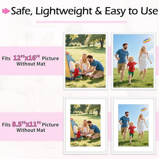 12x16 Picture Frame, 12 x 16 White Frame with HD Plexiglass, Display Pictures 8.5x11 with Mat or 12x16 Without, Wall Hanging Photo Frame Poster Frames for Home Office Gallery Decor, 2 Pack
