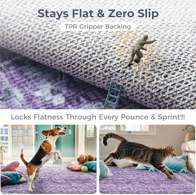 OPPODREAM Vintage Purple 3x10 Runner Rug, 3 x 10 Retro Washable Rug Non Slip, Low-Pile Faux Wool Carpet, Distressed Floor Mat for Kitchen, Hallway, Entry-Way, Entrance, Indoor Back Door