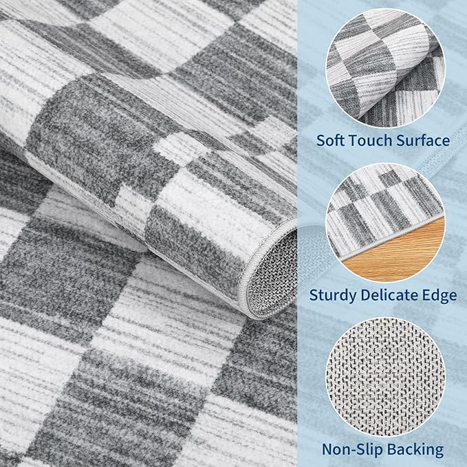 GarveeHome 2×12 Kitchen Runner Rug Non Slip,Grey Checkered Rug,Washable Runner Rug for Hallway Soft Low-Pile Geometric Checkerboard Rugs for Entryway Kitchen Dining Room