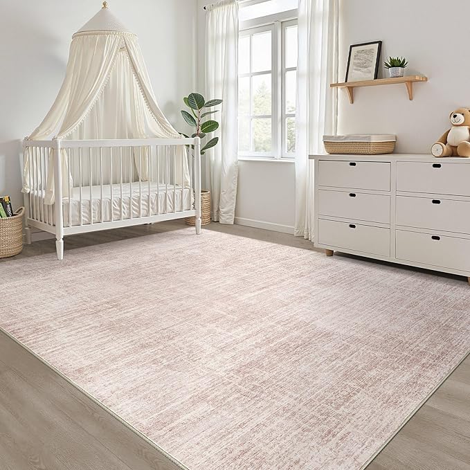 Pink Rug 8x10 Living Room: Washable Large Neutral Rugs Abstract Soft Modern Stain Resistant Indoor Floor Non-Slip Carpet for Nursery Kids Girls Bedroom Playroom Dining Room Under Table