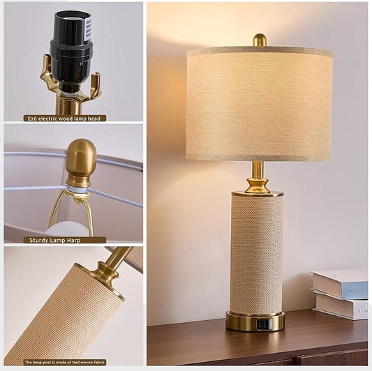 25.5"Boho Weaving Gold Large Table Lamps Set of 2, Touch Control 3-Way Dimmable Farmhouse Bedside Lamps with USB A+C Charging Ports for Living Room/Bedroom/Office-with (2 LED Bulbs Included)