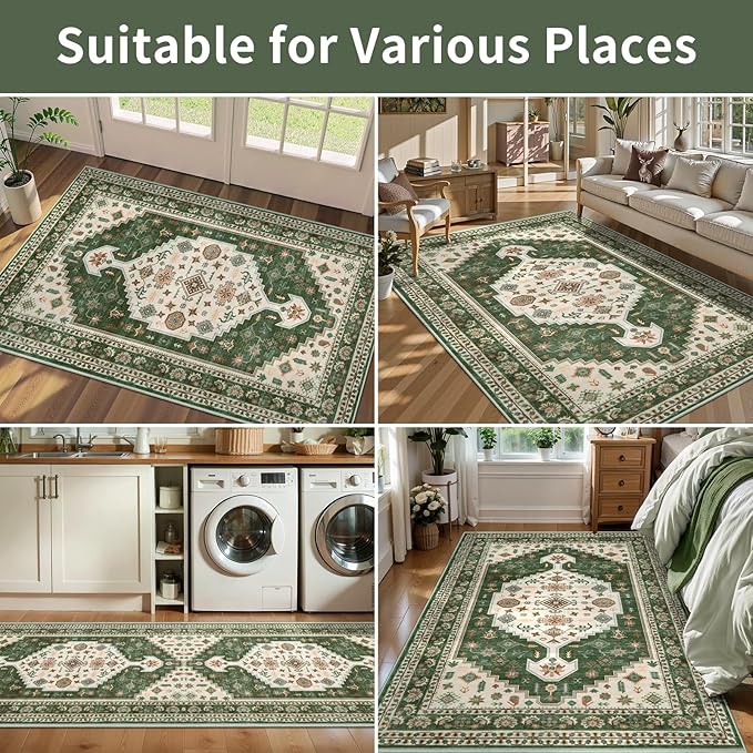 Tangsoo Vintage 2x6 Washable Runner Rug for Hallways,Boho Non-Slip Runner Mat,Green Beige Non-Slip Low Pile Long Rug Runner Carpet for Kitchen Bedroom Entryway Laundry