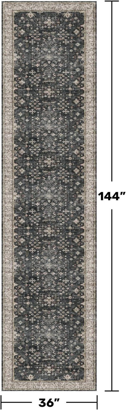 Hazo Haus Black Boho Washable 3x12 Extra Long Runner Rug for Hallway, Waterproof Large Kitchen Floor Rug, Non-Slip Stain & Fade Resistant, Vintage Floral Decor