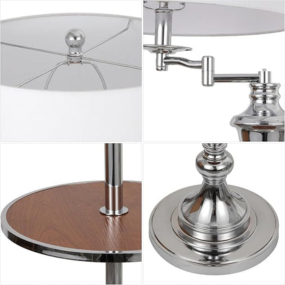 JONATHAN Y 60" Chrome Swing Arm Wood Integrated Side Tray Candlestick Tray Table Floor Lamp Traditional for Living Room Bedroom with White Linen Drum Shade LED Bulb Included JYL3055E