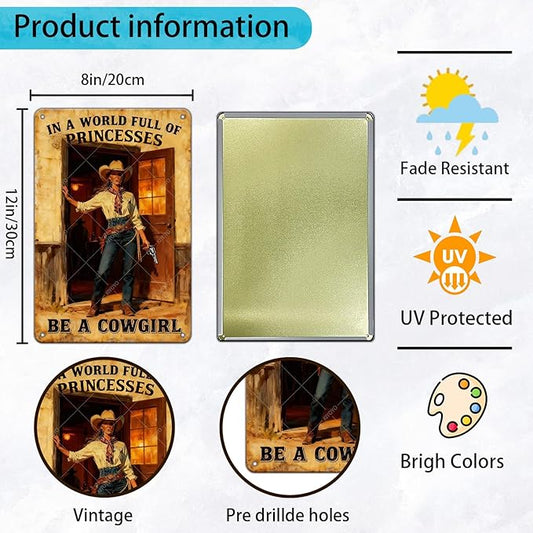 In A World Full of Princesses Be A Cowgirl Vintage Metal Sign Cowboy Sign Retro Metal Plaque for Home Bar Garage Coffee Shop Wall Decoration 12x8 Inch