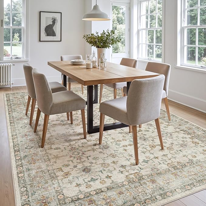 DEXI Area Rugs for Living Room, 5x8 Washable Low Pile Vintage Rug for Bedroom, Non Slip Indoor Carpet for Dining Office Nursery, Beige Cream