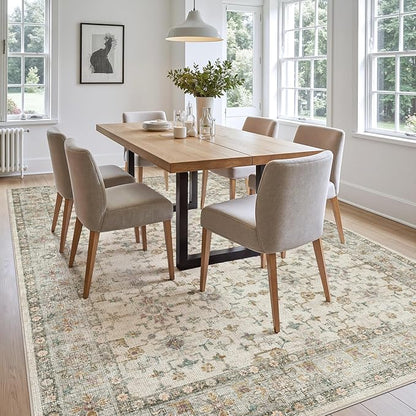 DEXI Area Rugs for Living Room, 5x8 Washable Low Pile Vintage Rug for Bedroom, Non Slip Indoor Carpet for Dining Office Nursery, Beige Cream