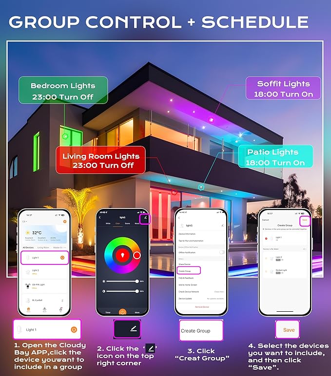 CLOUDY BAY 4 inch Gimbal Smart WiFi LED Recessed Lights,RGBCW Color Changing,Compatible with Alexa and Google Home Assistant,No Hub Required,2700K-6500K,IC Rated,Pack of 4