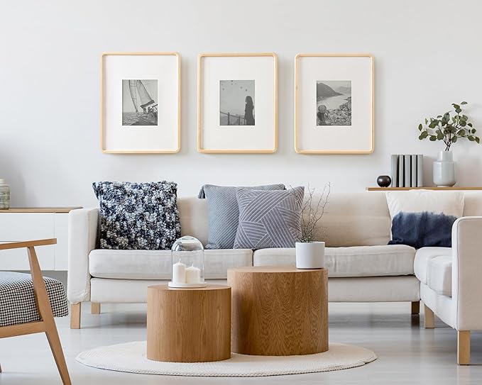 Kate and Laurel Inglewood Modern Wall Picture Frame Set of 3; 16x20 matted to 8x10; Natural Wood; Three-Piece Frame Set for Gallery Wall Accent Set in Living Room Decor